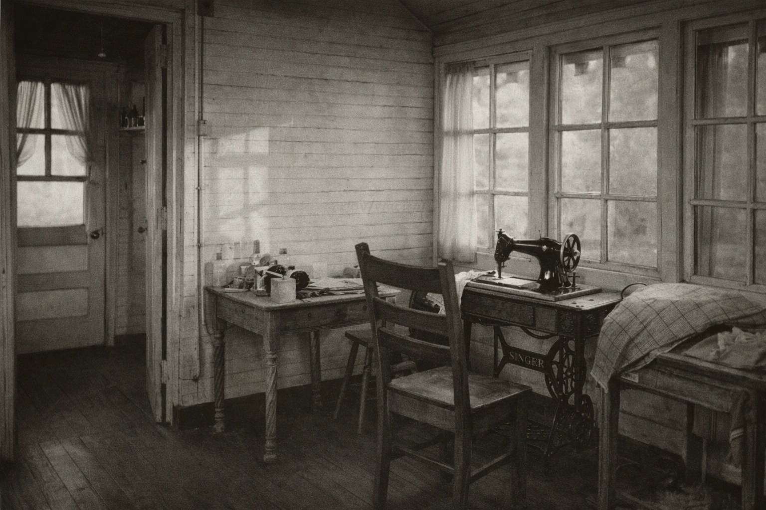 Interior view of Mary Mallon personal quarters with Singer sewing machine and furniture