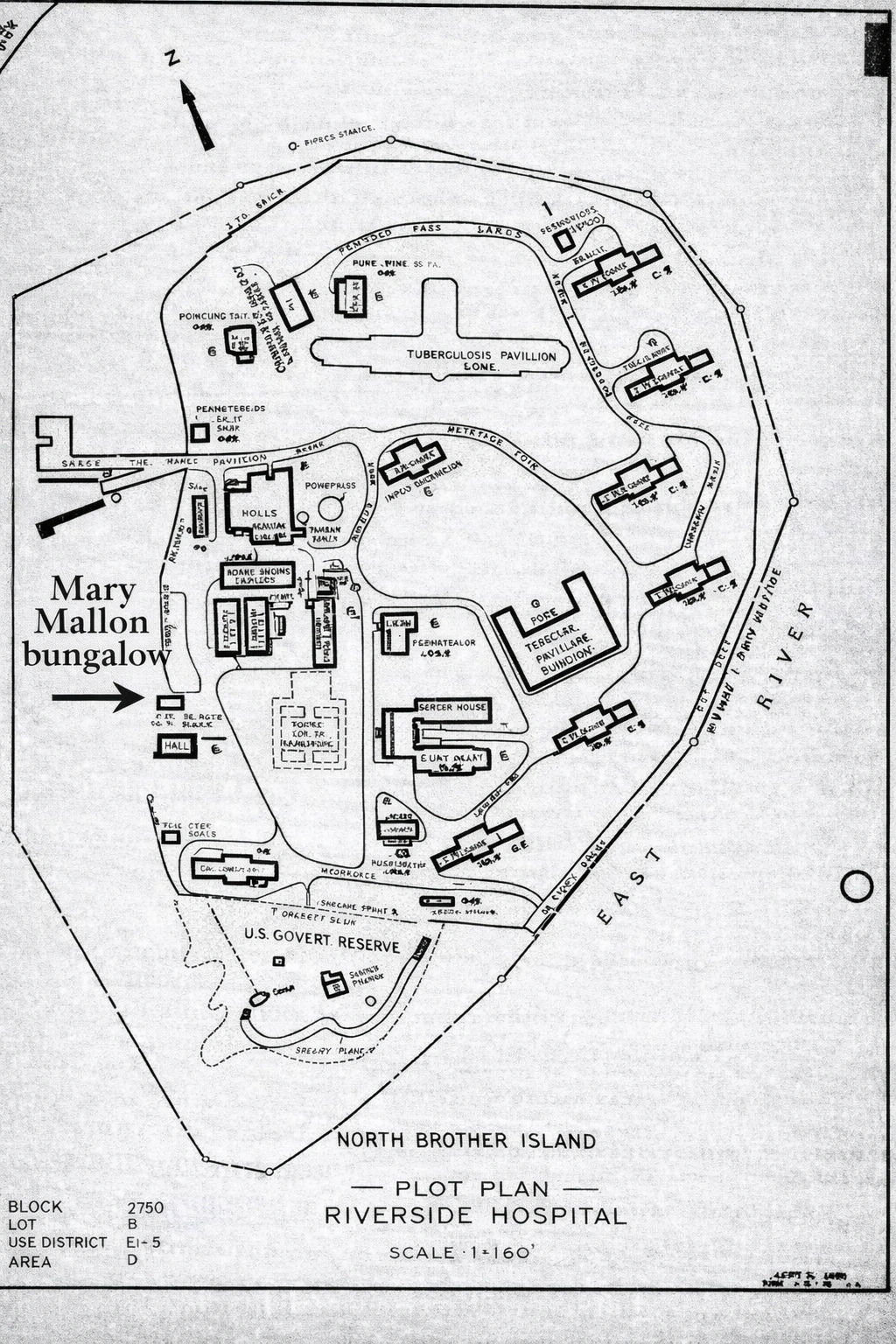 Official plot plan of North Brother Island dated 1935 marking Mary Mallon bungalow location