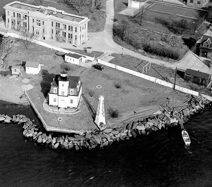 Aerial photograph of North Brother Island showing the Riverside Hospital complex